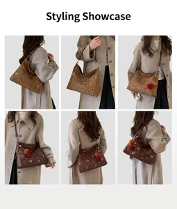Detail shots of large suede tote bags with rivet eyelets and plush charm decorations
