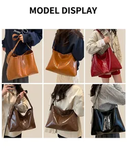 Collage of glossy patent leather tote bags showing various colors and large capacity