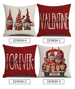 Detail view of four linen Valentine's Day pillow covers with gnomes and red truck patterns
