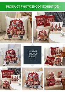 Detail shots of Valentine's Day linen pillow covers with gnomes and red heart truck patterns