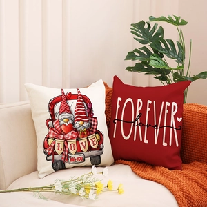 Valentine's Day linen pillow covers set featuring gnomes, red truck, and Forever Love text