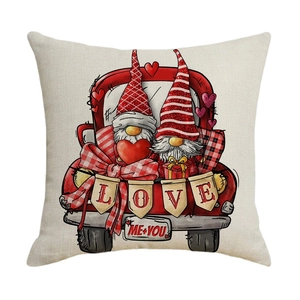 Linen Valentine's Day pillowcase with red truck and gnomes for sofa decor