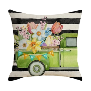 Linen pillow cover with vintage green truck and spring flowers on black white stripes
