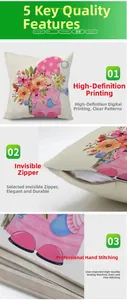 Detail of invisible zipper and fine stitching on gnome floral linen pillow cover