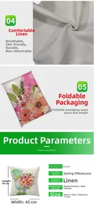 Detailed view of spring linen pillowcase with gnome floral print and 45x45cm size chart