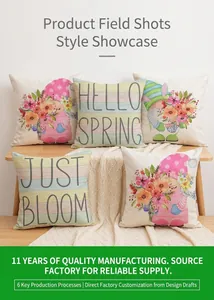 Detail shots of spring floral gnome pillow covers with Hello Spring text in home settings