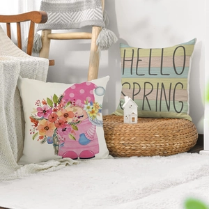 Spring floral linen pillow covers with gnomes and Hello Spring text for sofa decor
