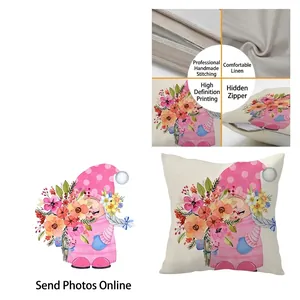 Linen pillowcase with spring floral gnome print and hidden zipper detail