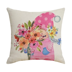 Spring floral gnome pillow cover with watercolor flower bouquet on linen texture