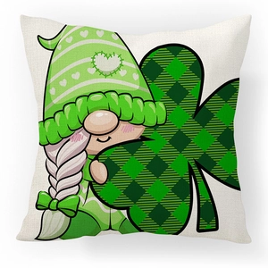 St. Patrick's Day gnome pillow cover with green clover on linen texture fabric