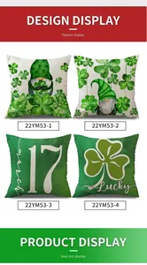 Quatre housses de coussin Saint-Patrick avec trèfles verts et gnomes chanceux