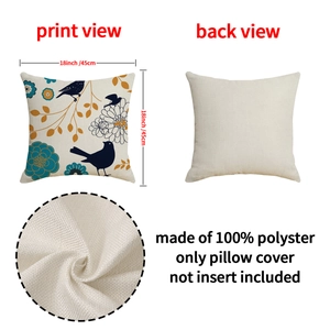 Linen style decorative pillow cover 18x18 inch featuring bird and flower prints