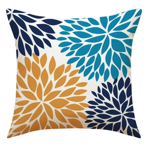 Linen square throw pillow cover with minimalist navy and yellow floral prints on white back