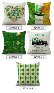 Detail of five St. Patrick's Day linen pillow covers with clover and vintage truck prints