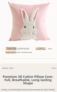 Detail of 45x45cm pink velvet bunny cushion cover with 3D cotton core and embroidery