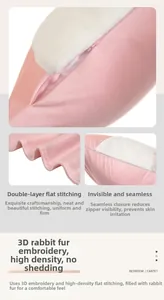 Detail of pink velvet rabbit cushion with 3D embroidery and hidden zipper closure