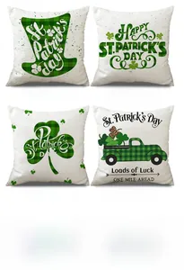 Detailansicht von 4er-Set St. Patrick's Day Kissenbezügen aus Leinen mit Kleeblatt-Motiv