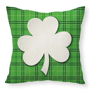 Square green plaid pillow with white shamrock pattern for St. Patrick's Day decor