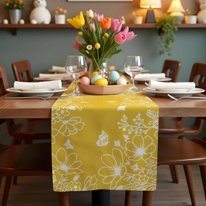 Linen table runner with yellow floral patterns and butterflies for spring dining decor