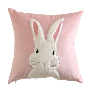 Pink velvet square cushion cover with cute white rabbit embroidery for home sofa decor