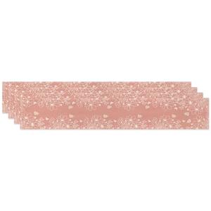 Coral pink linen table runner with white floral and butterfly patterns, set of 4 pieces