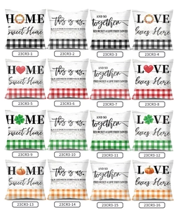 Detailed grid showing 16 varieties of plush pillow covers with seasonal home letter prints