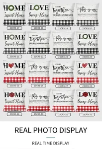 Macro detail of soft plush pillow covers with minimalist home quotes and gingham patterns