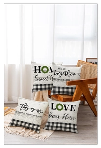 Set of 4 farmhouse buffalo plaid pillow covers with home sweet home text and holly wreath