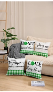 Set of four St. Patrick's Day pillow covers with green clover and wood grain print
