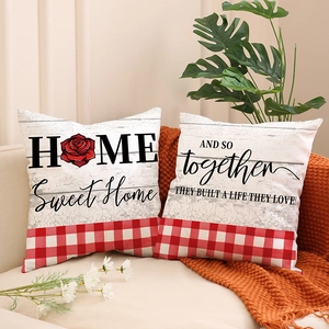 Set of 2 soft plush throw pillow covers with floral home quotes and red plaid trim details