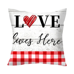 Retro farmhouse soft plush throw pillow cover with LOVE print and red checkered pattern