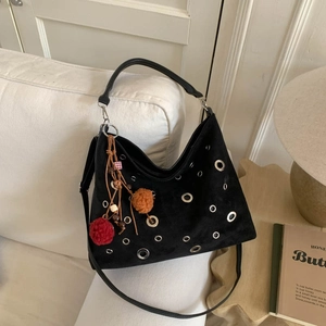Faux Suede Hobo Bag For Women Retro Metal Eyelet Shoulder Bag With Pom Pom Charm Large Capacity Tote