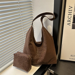 Brown leopard print two-piece tote set with shoulder bag and small matching pouch