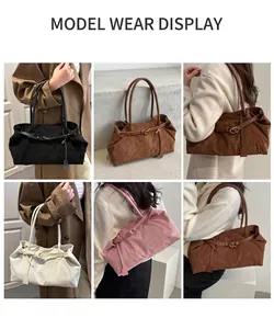 Corduroy tote bag in multiple colors shown on model for size and style reference