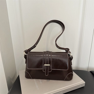 Sac Baguette Sous Les Aisselles En Cuir PU Rétro Pour Femme Avec Surpiqûres Contrastées Rabat Épaule Bandoulière Main