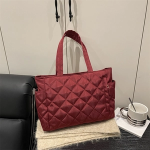 Large Capacity Quilted Rhombic Tote Bag For Women Minimalist Padded Nylon Shoulder Bag For Commute Daily Shopping Handbag