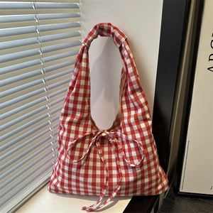 Gingham Plaid Tote Bag For Women With Bowknot Detail Cotton Fabric Casual Shoulder Underarm Bag Korean Style