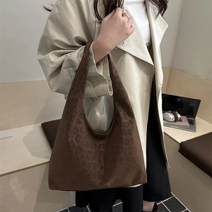 Leopard print hobo bag in brown suede finish, spacious autumn commuter tote shoulder bag