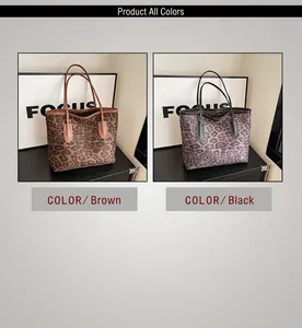 Detailed comparison of brown and black leopard print tote bags with dual handles