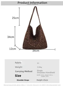 Detailed size chart for the leopard print tote bag with width 34cm and height 34cm