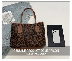 Top view of leopard print tote bag with leather handles and tablet for size reference