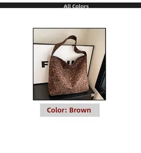 Detail shot of brown leopard print tote bag fabric texture and wide shoulder strap
