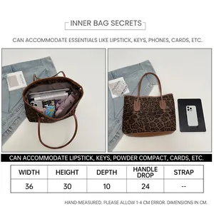 Size chart and dimensions for large leopard print tote bag with brown straps