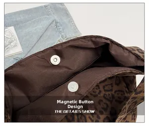 Detail shot of leopard print tote bag featuring secure magnetic button closure system