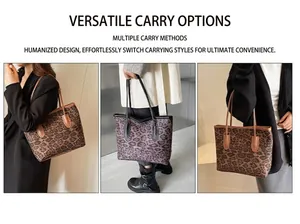 Detail view of large leopard print tote bags in brown and grey colors for shoulder wear