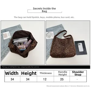Size chart and dimensions for the leopard print tote bag with inner storage capacity details