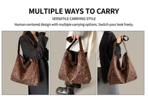 Three ways to wear leopard print tote bag: shoulder, crossbody, and handheld styles