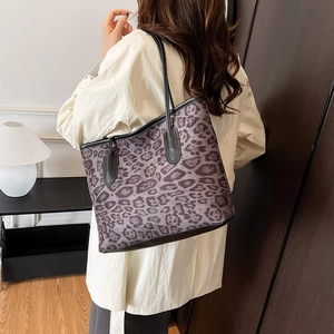 Retro leopard print tote bag with black handles, spacious stylish shoulder bag for women