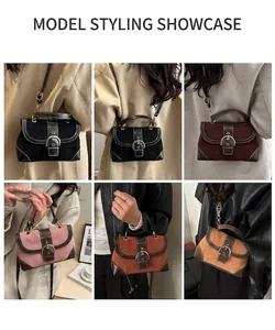 Fashionable crossbody bags in four colors shown with diverse outfits on models