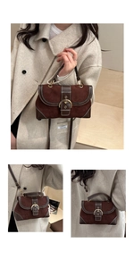 Three-way view of retro brown suede handbag with golden buckle and stitching detail
